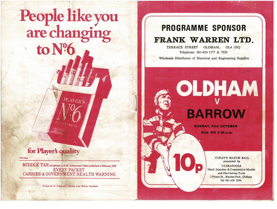 Programme cover: Oldham v Barrow, 23 October 1977