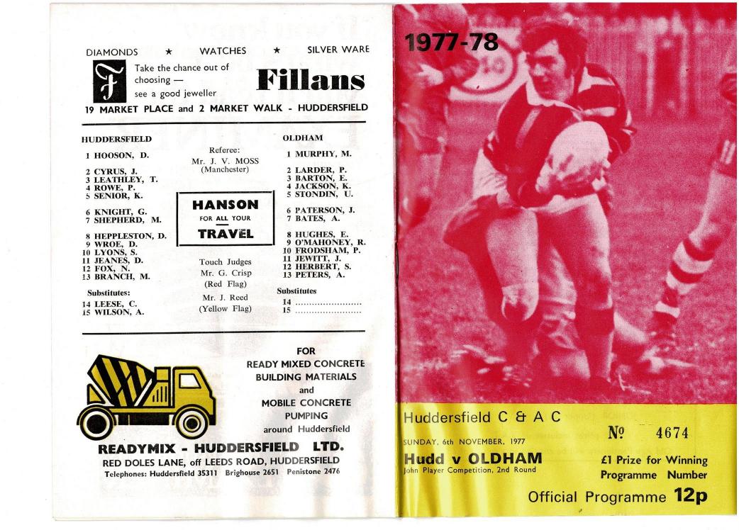 Programme cover: Oldham v Huddersfield, 6 November 1977