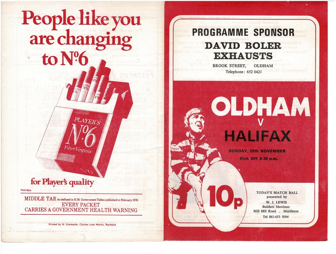 Programme cover: Oldham v Halifax, 20 November 1977