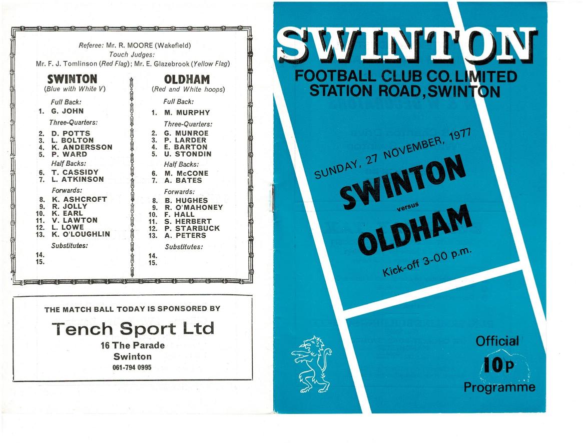 Programme cover: Oldham v Swinton, 27 November 1977