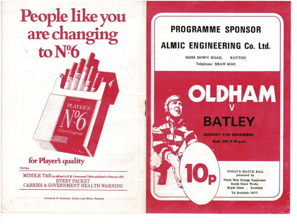 Programme cover: Oldham v Batley, 11 December 1977