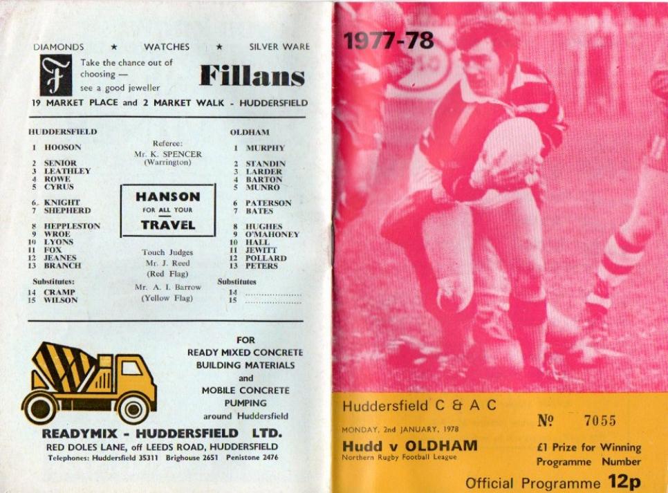Programme cover: Oldham v Huddersfield, 2 January 1978