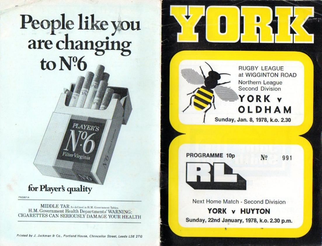Programme cover: Oldham v York, 8 January 1978