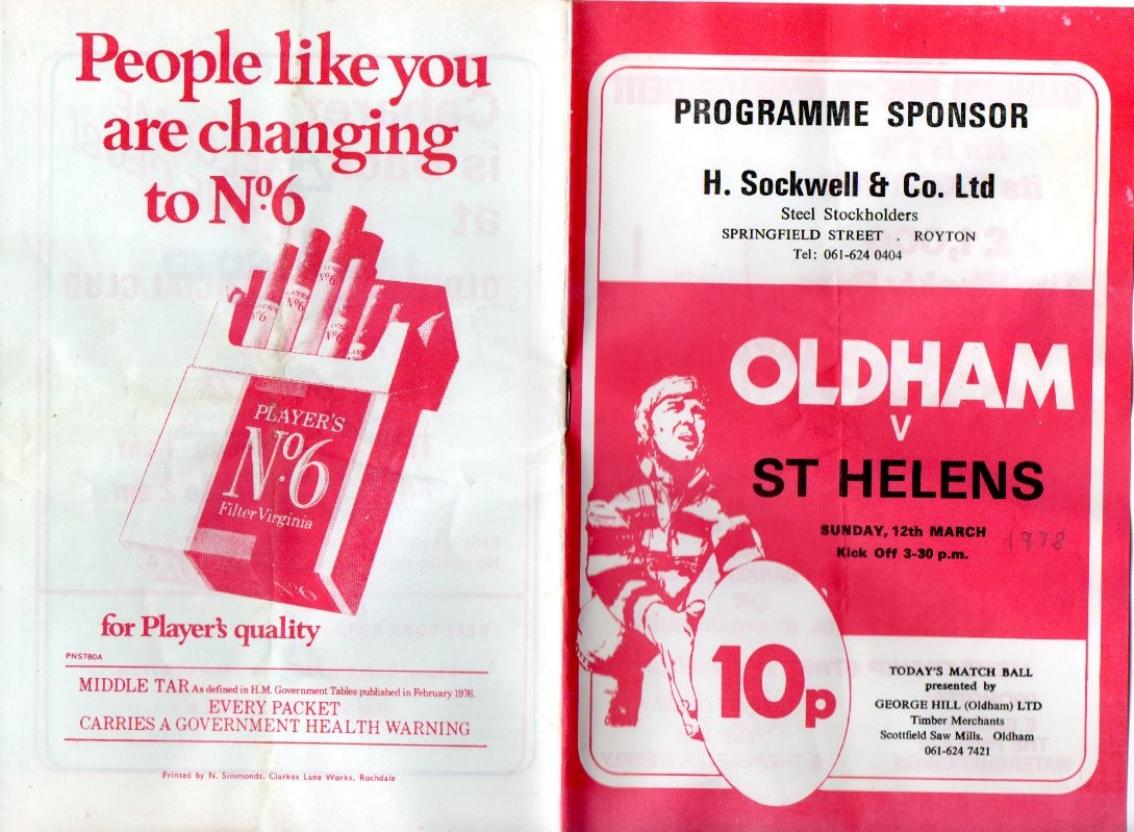 Programme cover: Oldham v St Helens, 12 March 1978