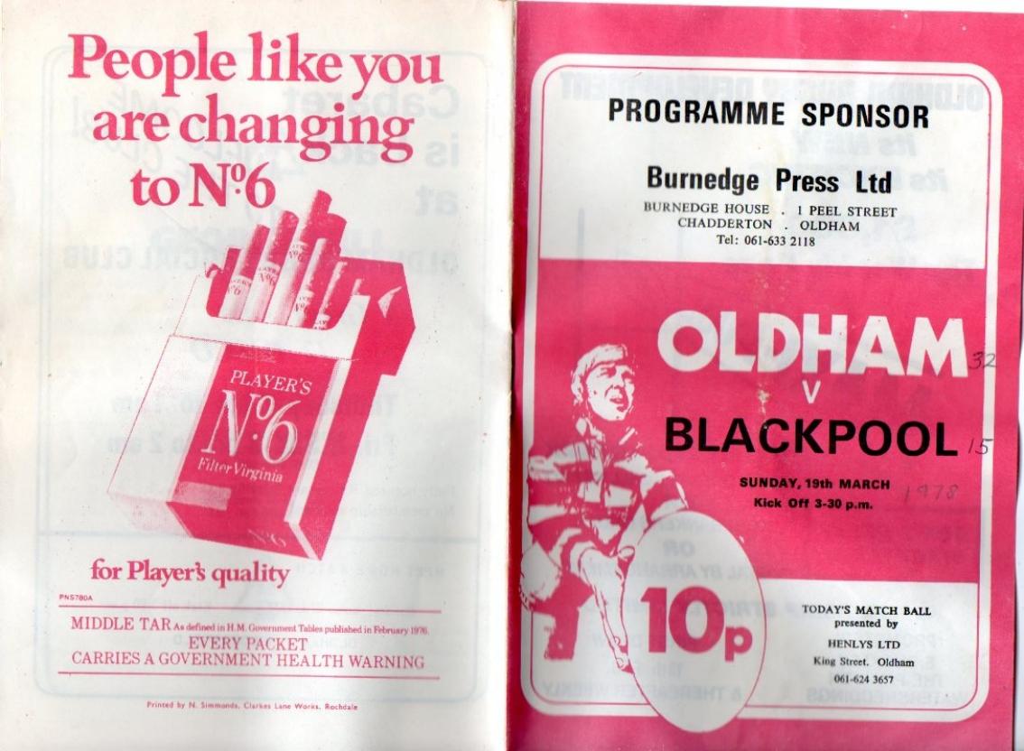 Programme cover: Oldham v Blackpool Borough, 19 March 1978