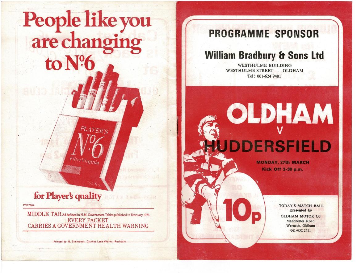 Programme cover: Oldham v Huddersfield, 27 March 1978