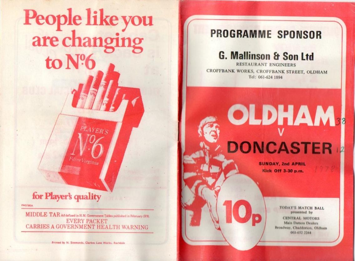 Programme cover: Oldham v Doncaster, 2 April 1978