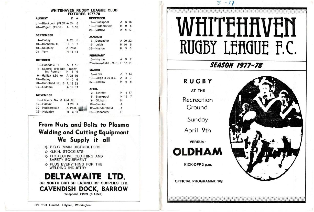 Programme cover: Oldham v Whitehaven, 9 April 1978