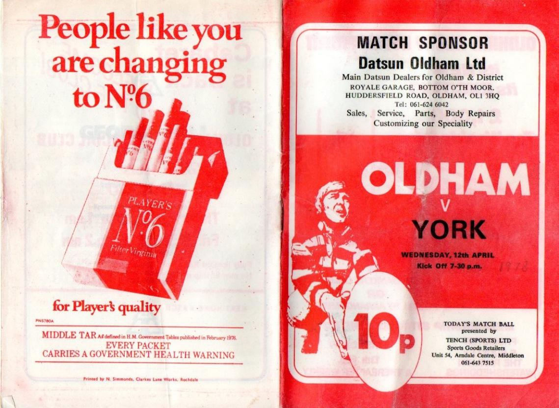 Programme cover: Oldham v York, 12 April 1978