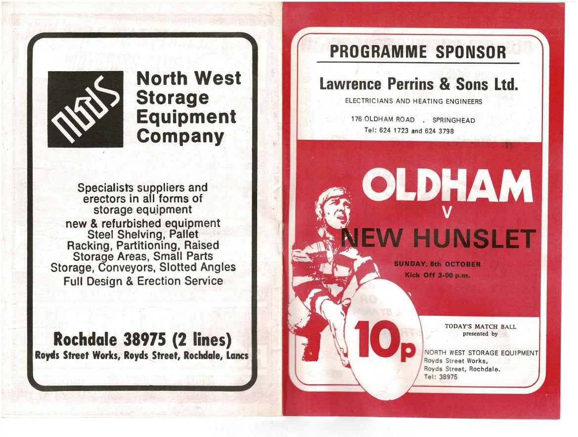 Programme cover: Oldham v New Hunslet, 8 October 1978