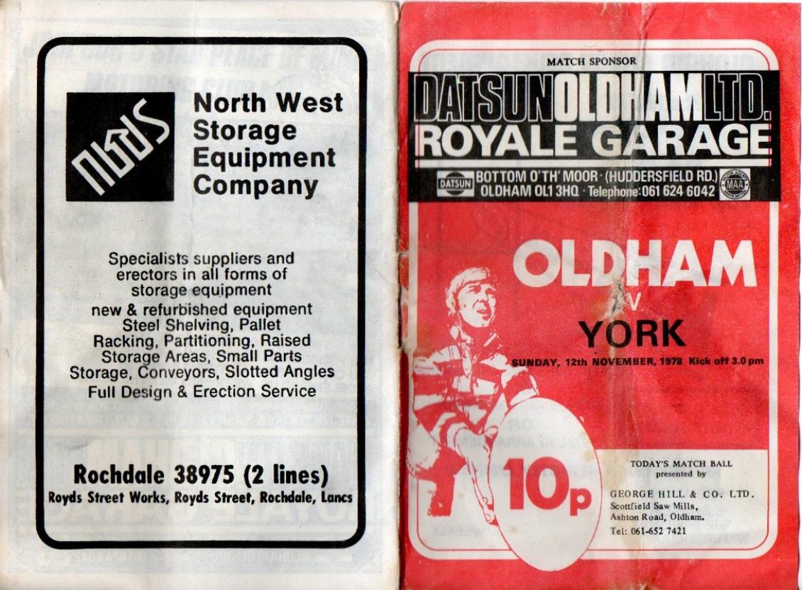Programme cover: Oldham v York, 12 November 1978