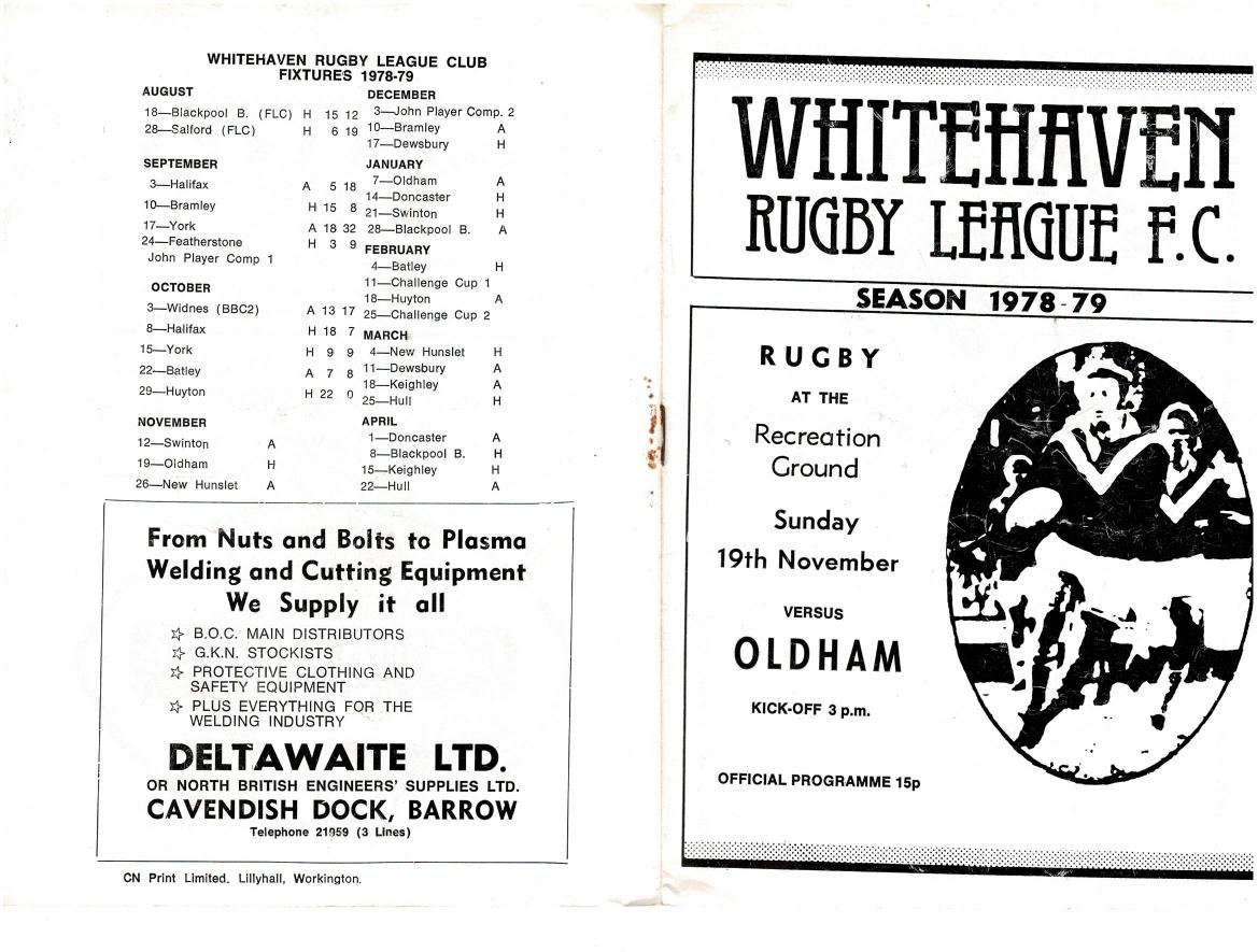 Programme cover: Oldham v Whitehaven, 19 November 1978