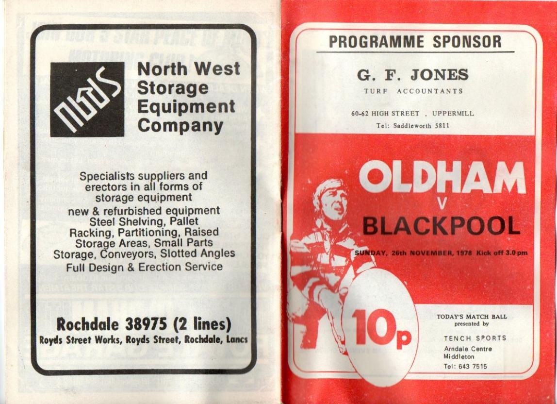 Programme cover: Oldham v Blackpool Borough, 26 November 1978