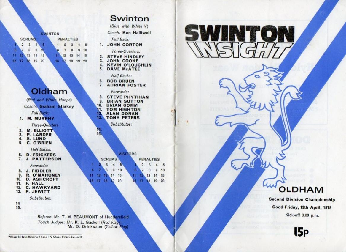 Programme cover: Oldham v Swinton, 13 April 1979