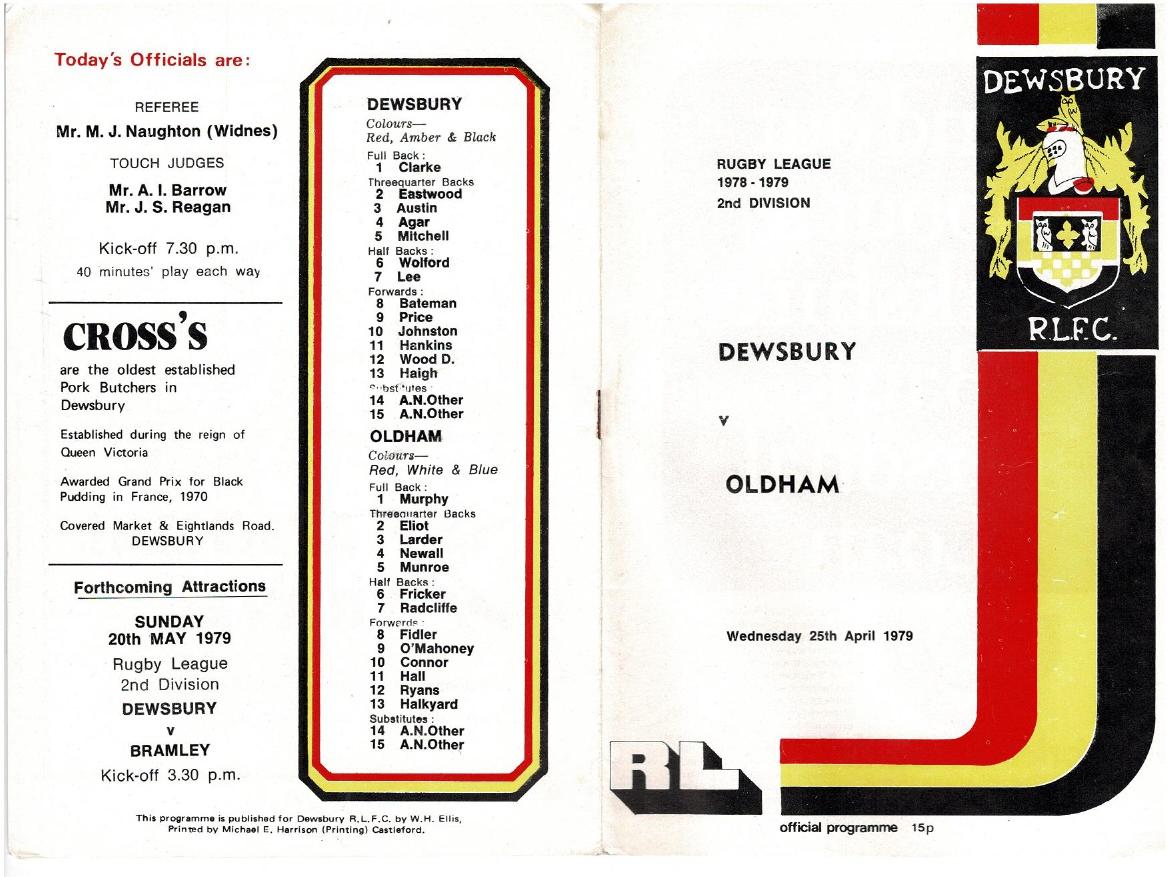 Programme cover: Oldham v Dewsbury, 25 April 1979