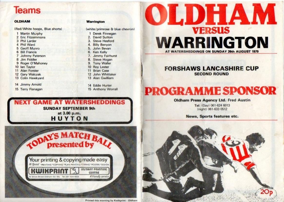 Programme cover: Oldham v Warrington, 26 August 1979