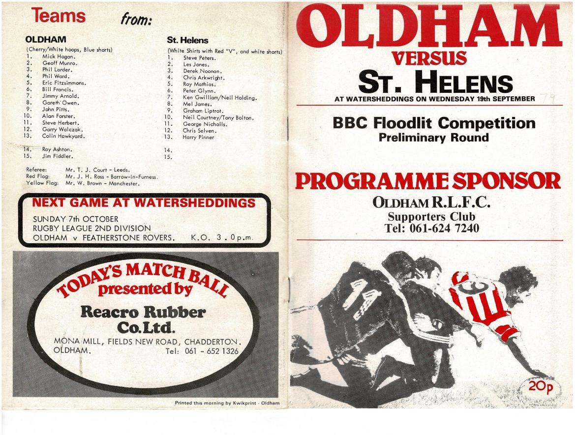Programme cover: Oldham v St Helens, 19 September 1979