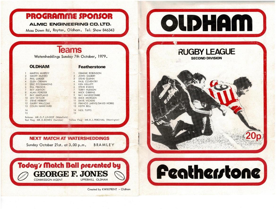Programme cover: Oldham v Featherstone Rovers, 7 October 1979