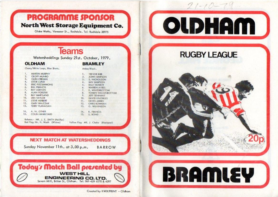 Programme cover: Oldham v Bramley, 21 October 1979