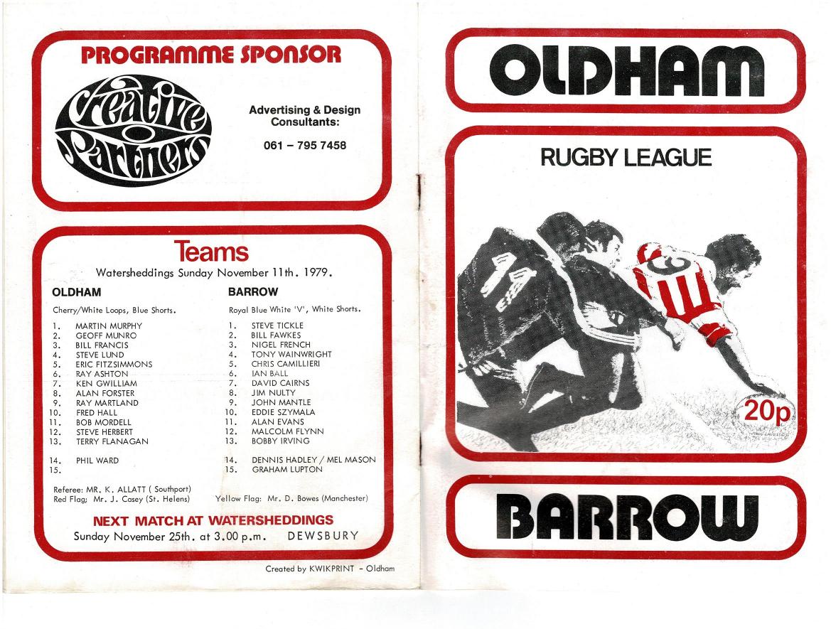 Programme cover: Oldham v Barrow, 11 November 1979