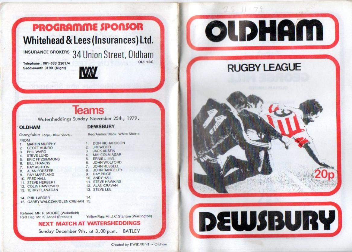 Programme cover: Oldham v Dewsbury, 25 November 1979