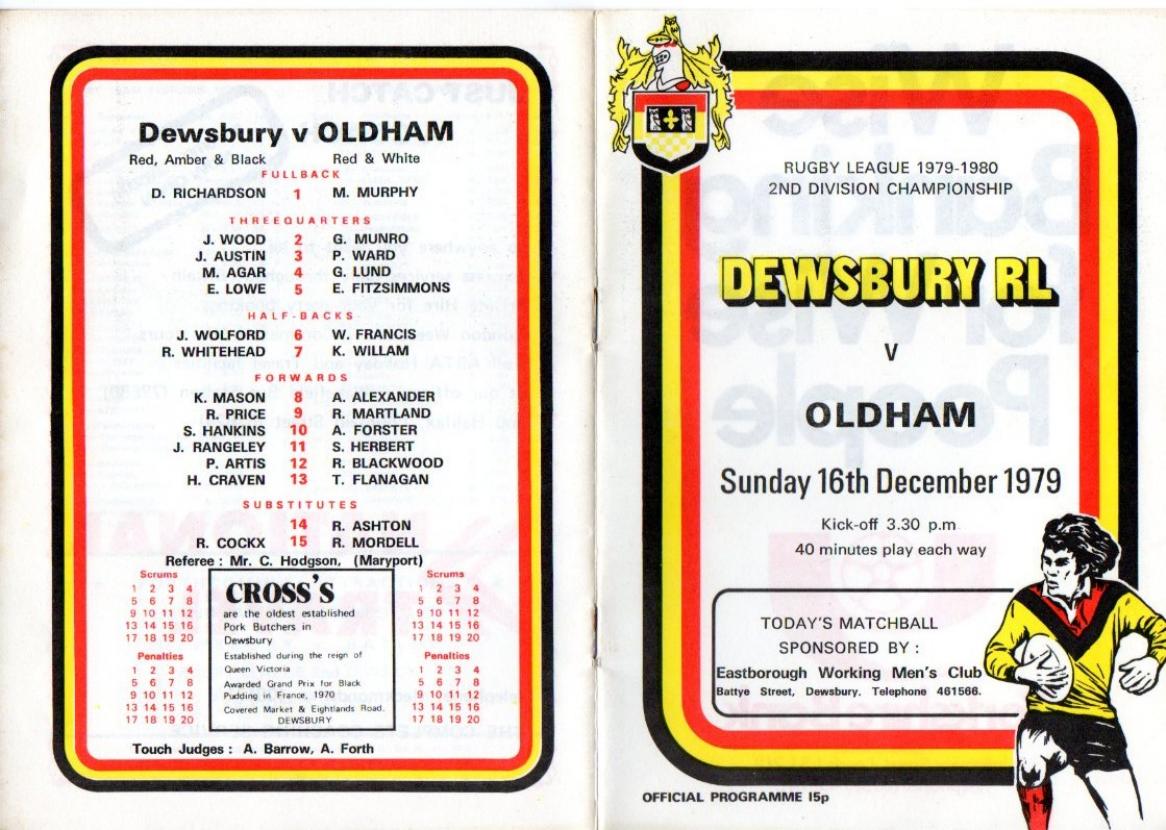 Programme cover: Oldham v Dewsbury, 16 December 1979