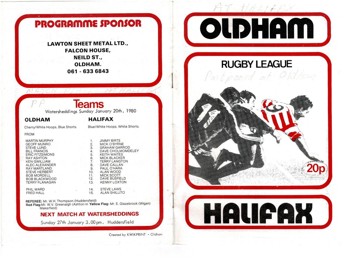 Programme cover: Oldham v Halifax, 20 January 1980