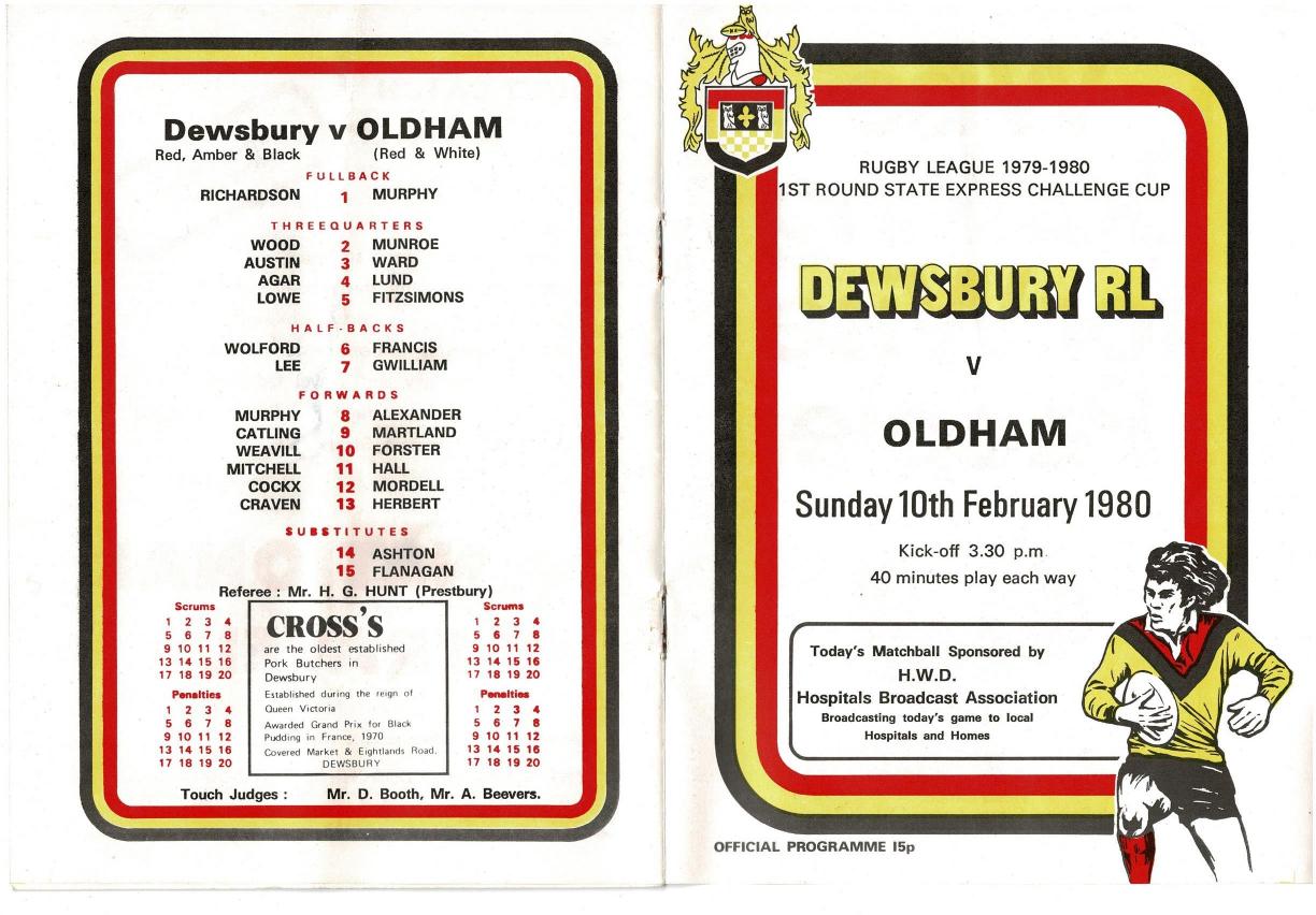 Programme cover: Oldham v Dewsbury, 10 February 1980