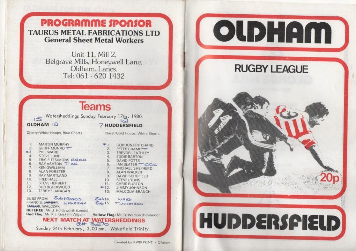 Programme cover: Oldham v Huddersfield, 17 February 1980