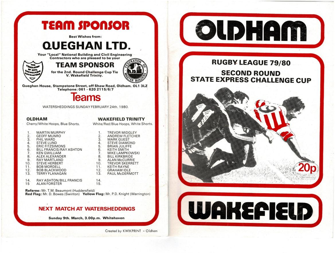 Programme cover: Oldham v Wakefield Trinity, 24 February 1980