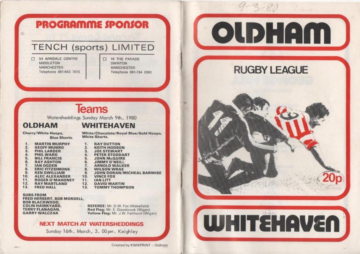 Programme cover: Oldham v Whitehaven, 9 March 1980