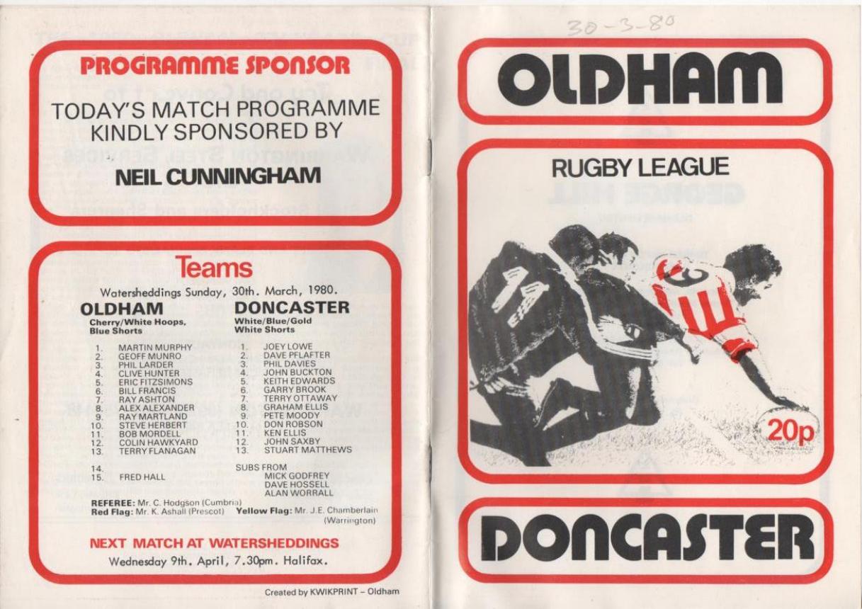 Programme cover: Oldham v Doncaster, 30 March 1980