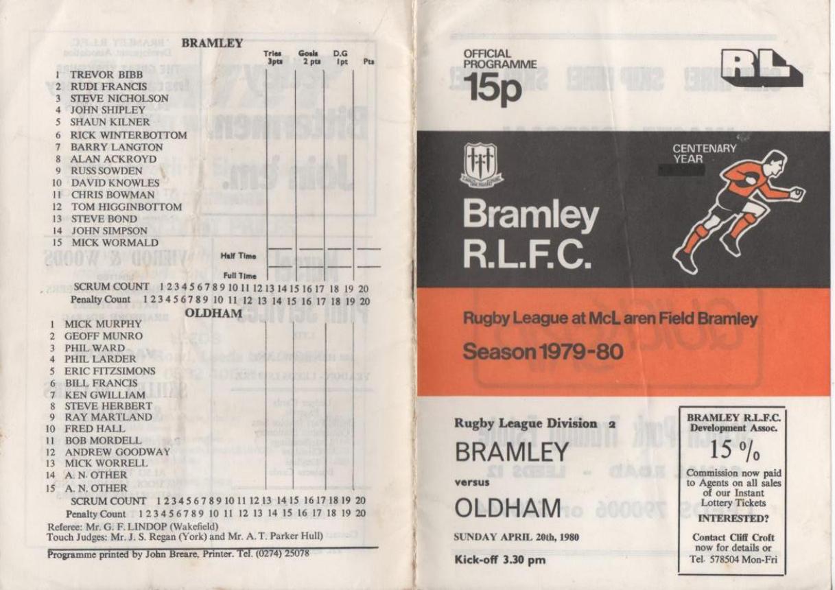 Programme cover: Oldham v Bramley, 20 April 1980