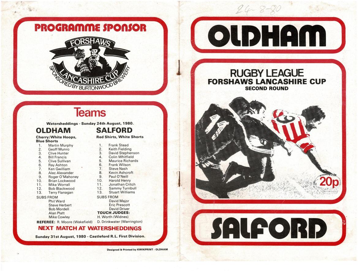 Programme cover: Oldham v Salford, 24 August 1980