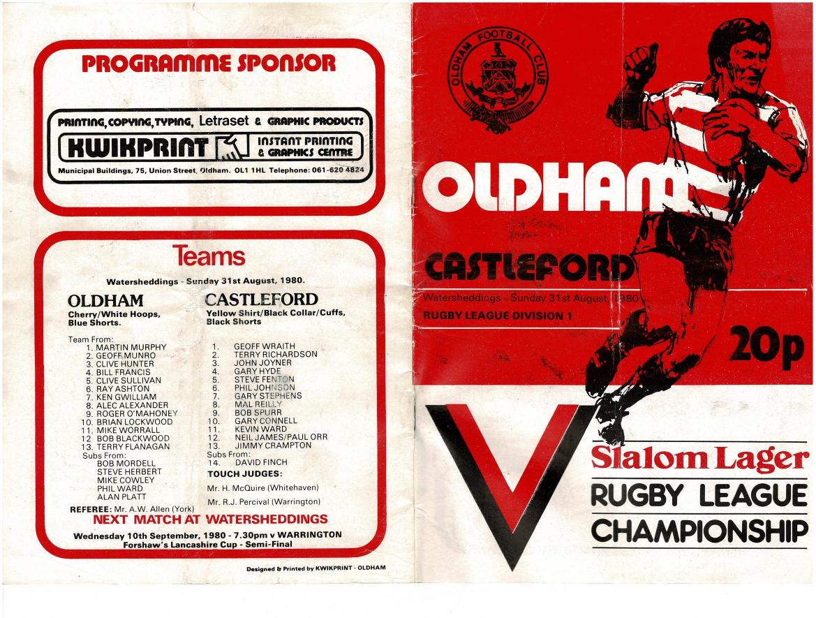 Programme cover: Oldham v Castleford, 31 August 1980