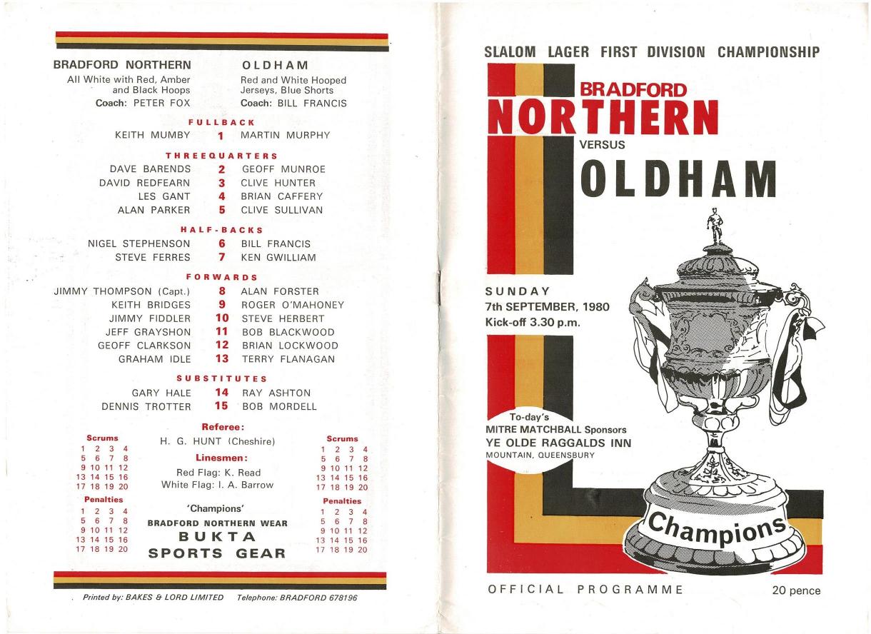 Programme cover: Oldham v Bradford Northern, 7 September 1980