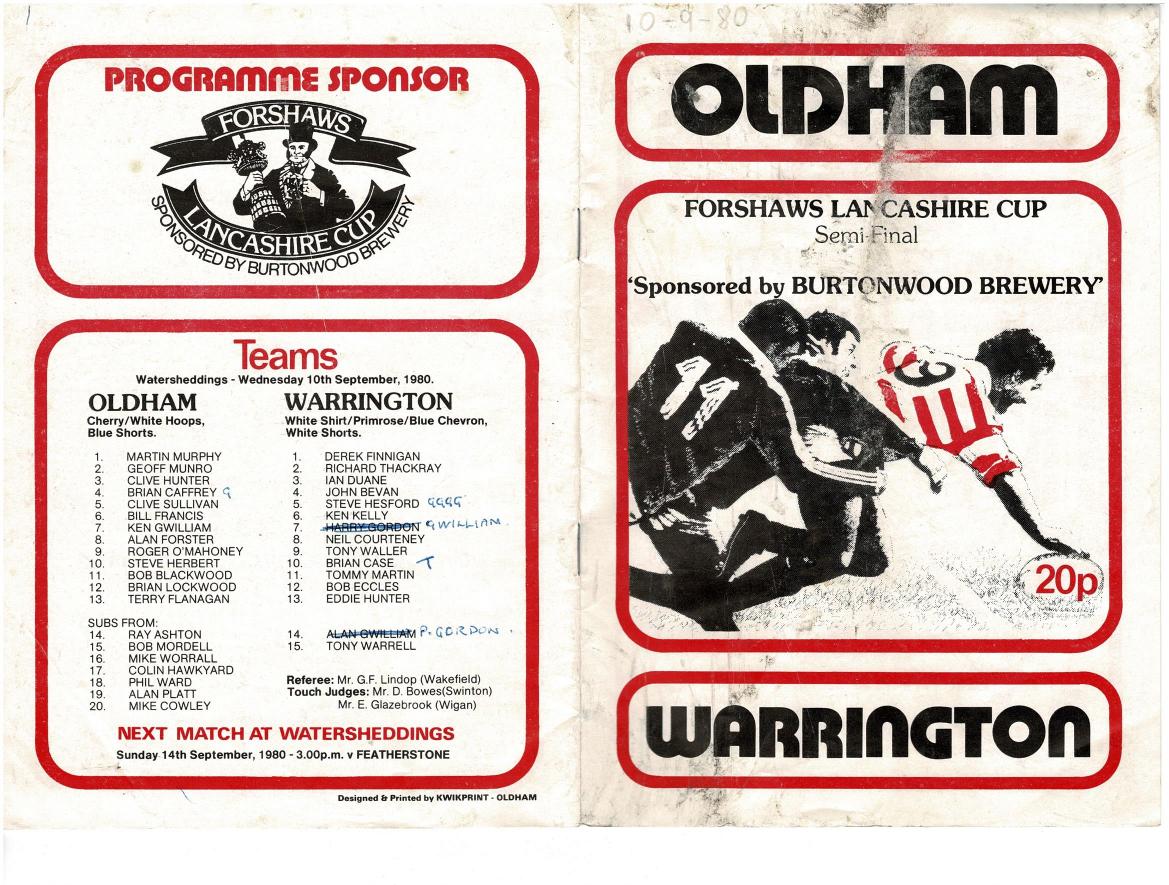 Programme cover: Oldham v Warrington, 10 September 1980