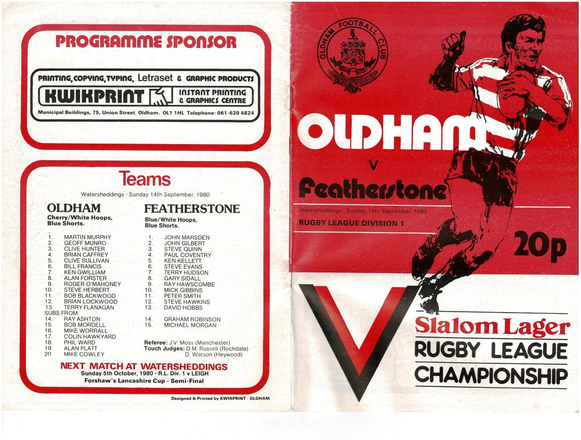 Programme cover: Oldham v Featherstone Rovers, 14 September 1980