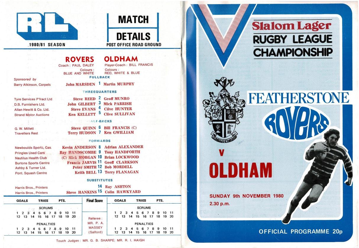 Programme cover: Oldham v Featherstone Rovers, 9 November 1980