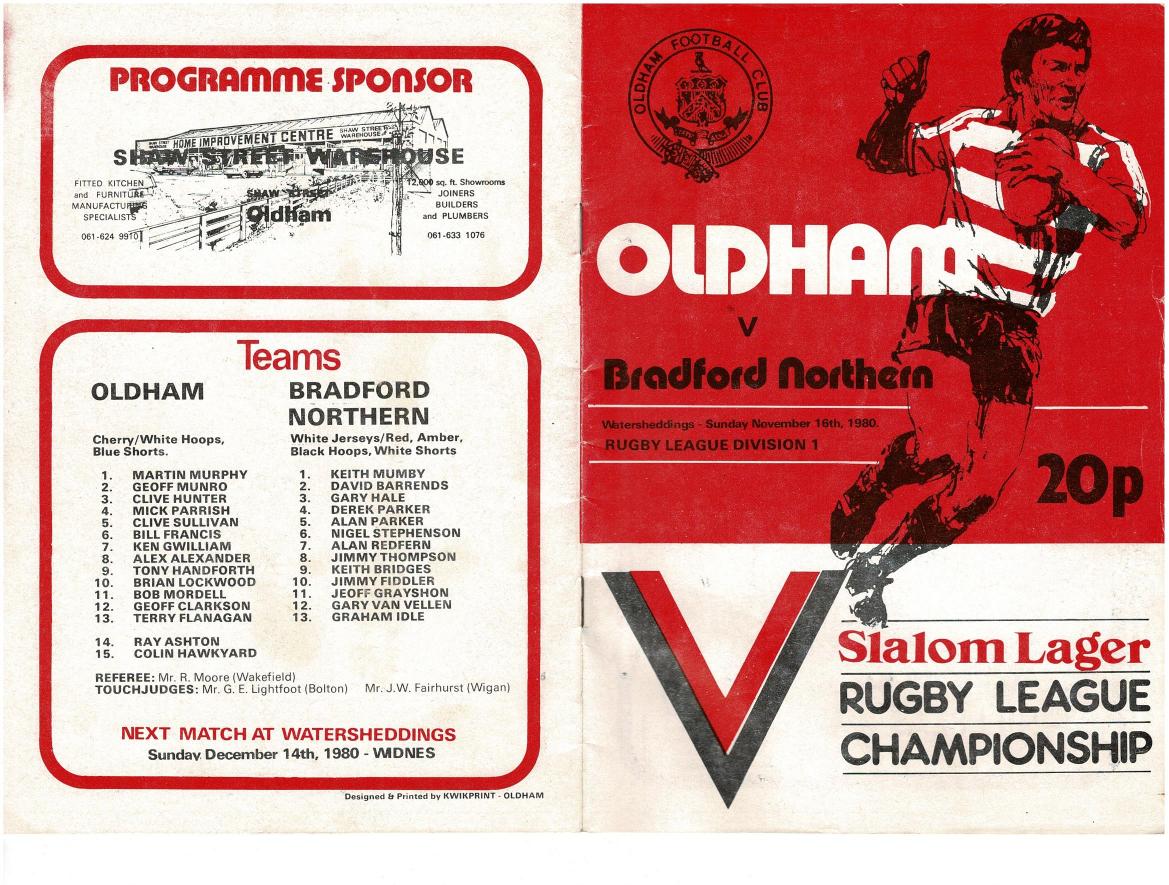 Programme cover: Oldham v Bradford Northern, 16 November 1980
