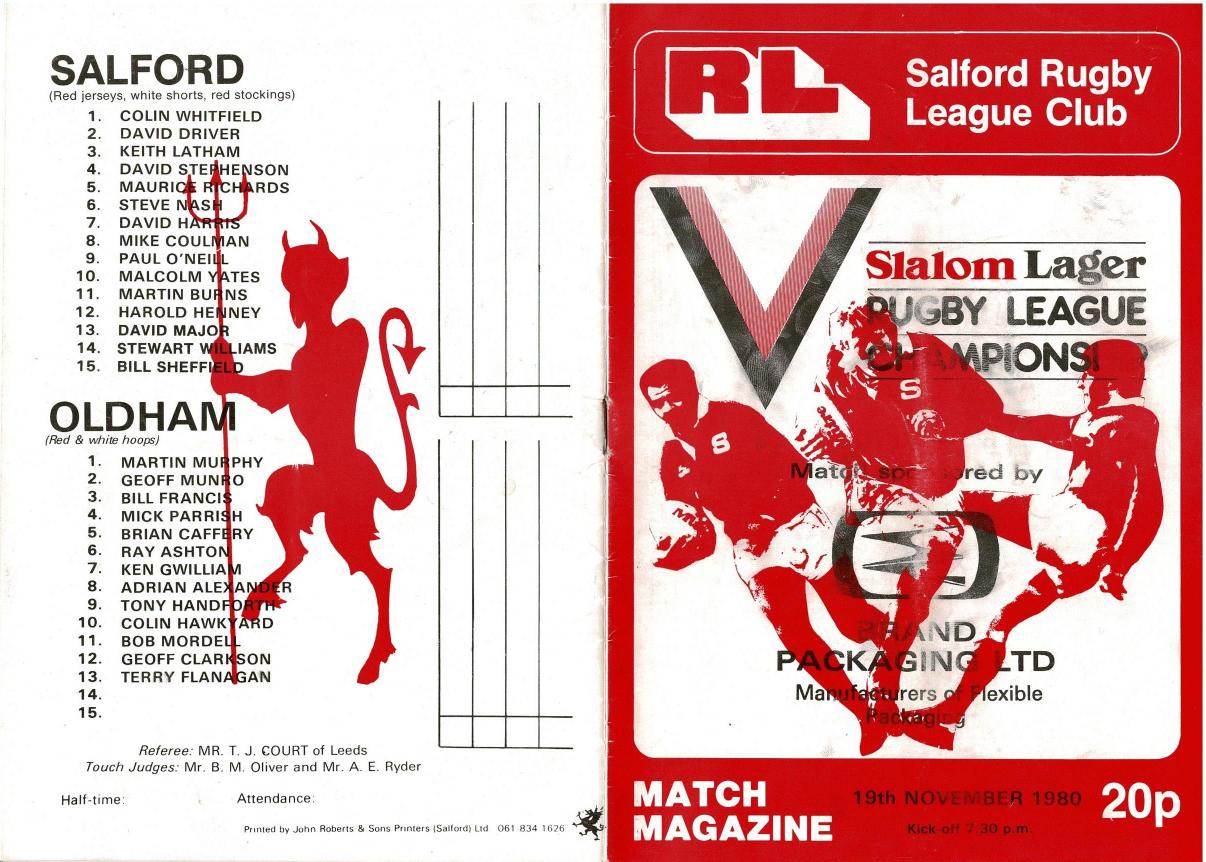 Programme cover: Oldham v Salford, 19 November 1980