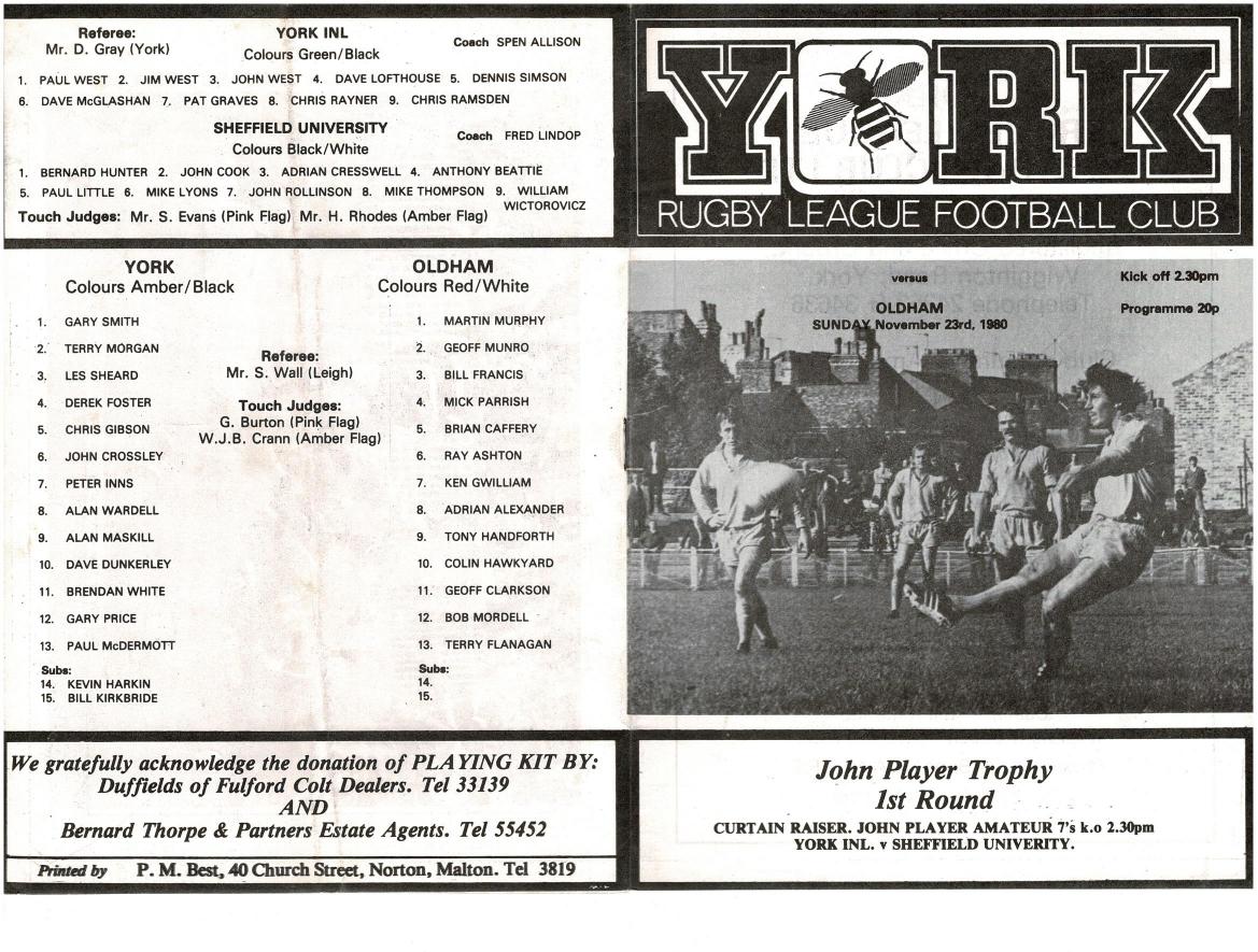 Programme cover: Oldham v York, 23 November 1980