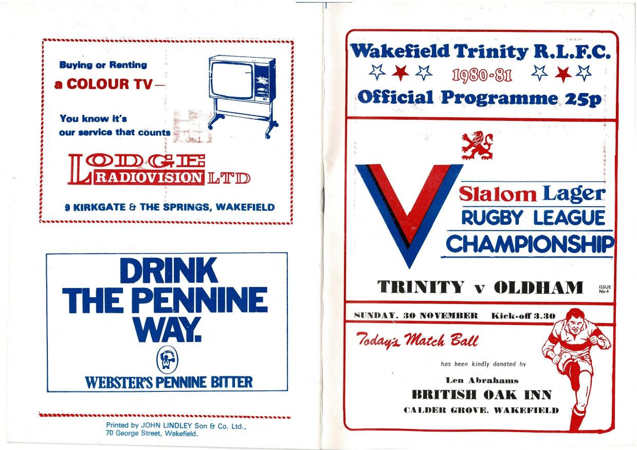Programme cover: Oldham v Wakefield Trinity, 30 November 1980