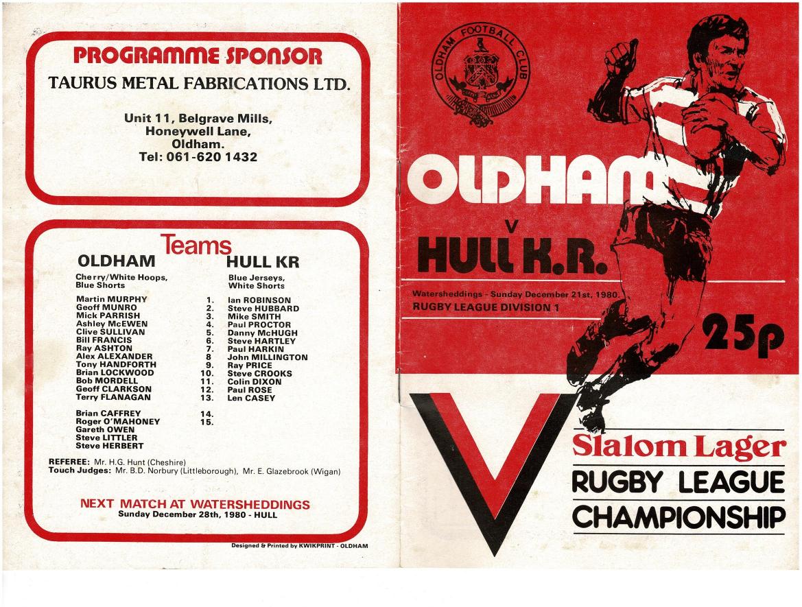 Programme cover: Oldham v Hull Kingston Rovers, 21 December 1980