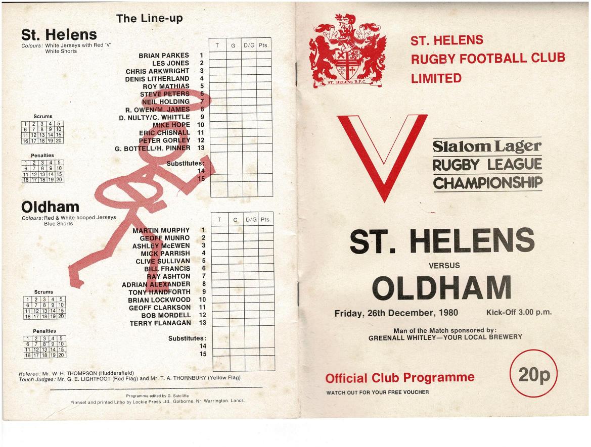 Programme cover: Oldham v St Helens, 26 December 1980