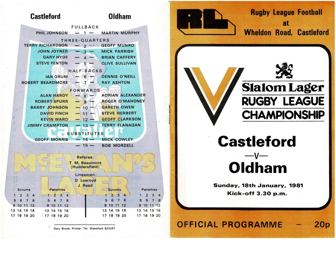 Programme cover: Oldham v Castleford, 18 January 1981