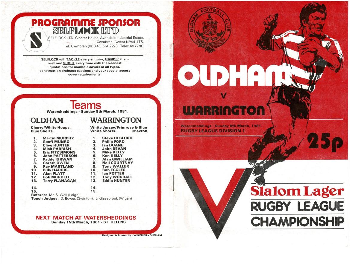 Programme cover: Oldham v Warrington, 8 March 1981