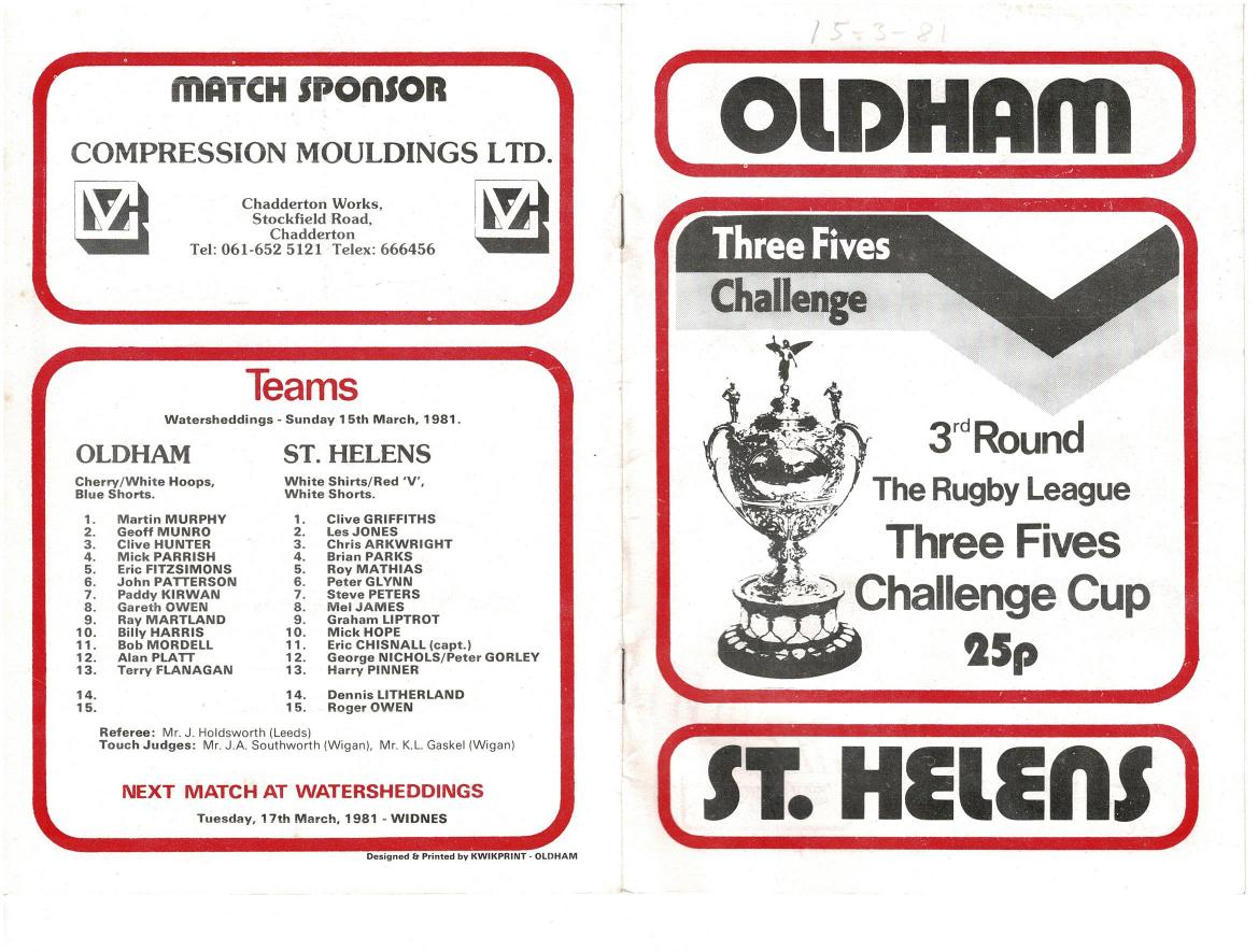 Programme cover: Oldham v St Helens, 15 March 1981