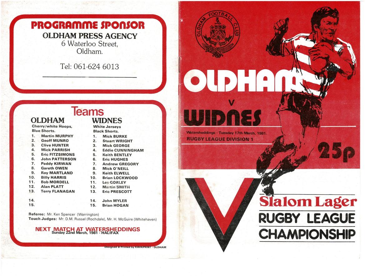 Programme cover: Oldham v Widnes, 17 March 1981