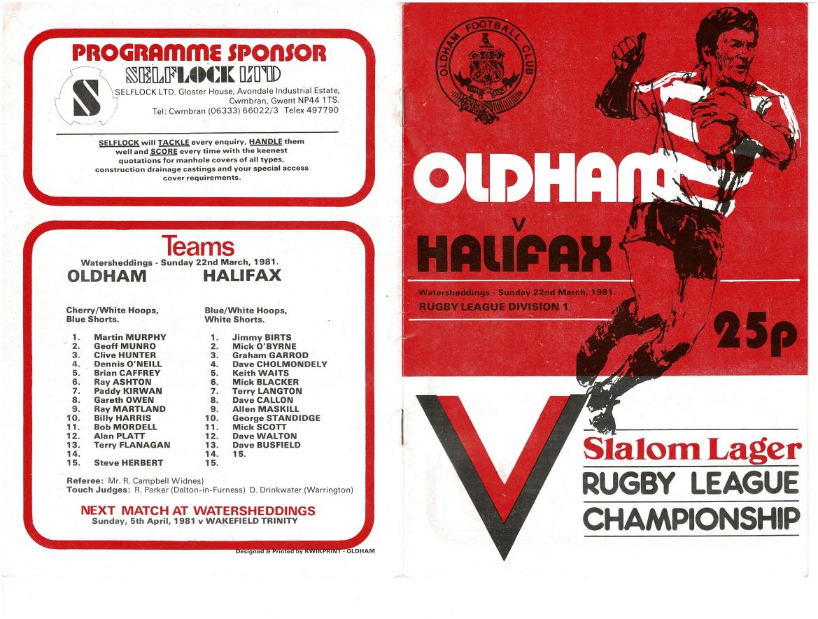 Programme cover: Oldham v Halifax, 22 March 1981
